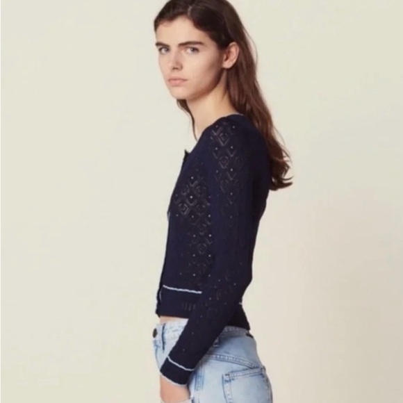 SANDRO Bomi Openwork Geo-Pattern Scalloped Trim Stretch Knit Cardigan size 1 XS - Picture 3 of 7